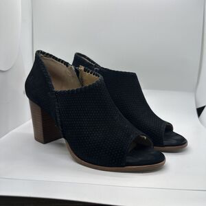 Jack Rogers Size 10 M Black Suede Peep Toe Booties Side Zip Stacked Heel Shoes
